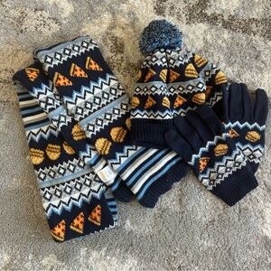 Gymboree boys hat mitten scarf knit set pizza burgers print size m/l